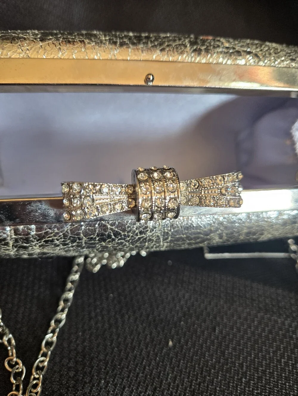 Harve Benard Silver Metallic Bow Clasp Chain Clutch NWT